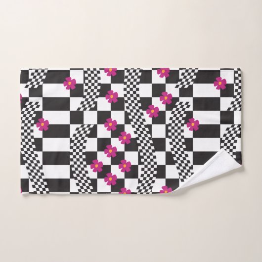 Retro Checkerboard Design met bloemen Bad Handdoek (Handdoek)