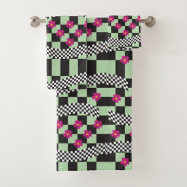 Retro Checkerboard Design met bloemen Bad Handdoek