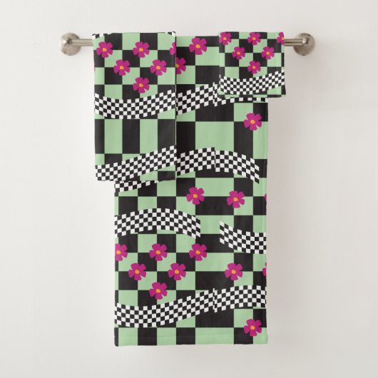 Retro Checkerboard Design met bloemen Bad Handdoek (Insitu)