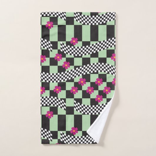 Retro Checkerboard Design met bloemen Bad Handdoek (Handdoek)