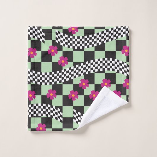 Retro Checkerboard Design met bloemen Bad Handdoek (Wasdoekje)
