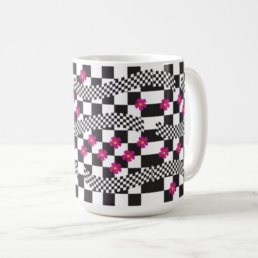 Retro Checkerboard Design met bloemen Koffiemok (Voorkant rechts)