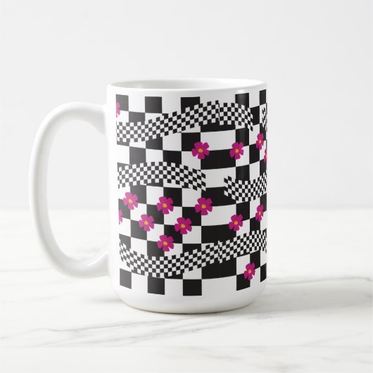 Retro Checkerboard Design met bloemen Koffiemok (Links)