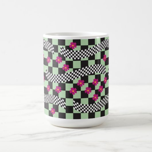 Retro Checkerboard Design met bloemen Koffiemok (Center)