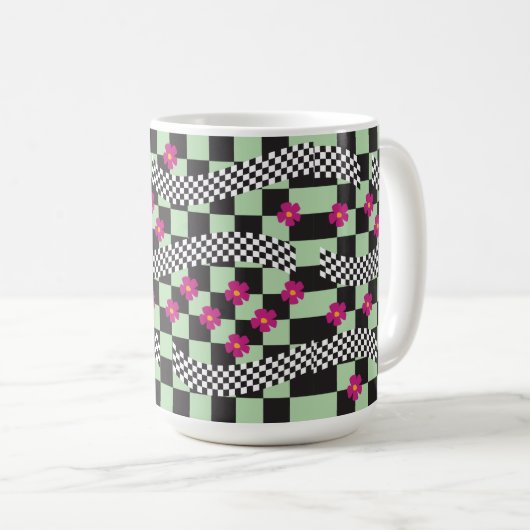 Retro Checkerboard Design met bloemen Koffiemok (Voorkant rechts)