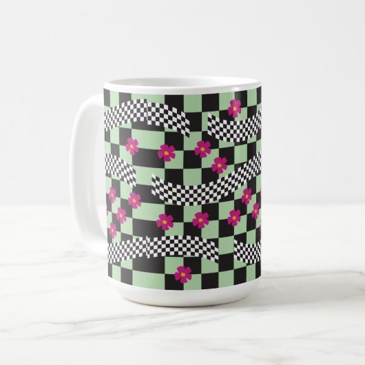 Retro Checkerboard Design met bloemen Koffiemok (Voorkant links)