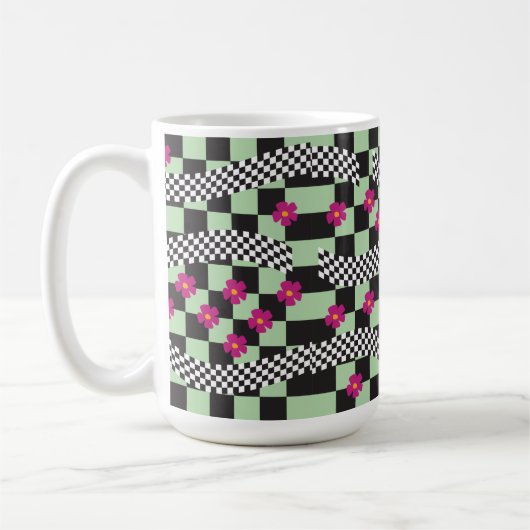 Retro Checkerboard Design met bloemen Koffiemok (Links)