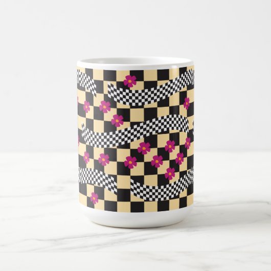 Retro Checkerboard Design met bloemen Koffiemok (Center)