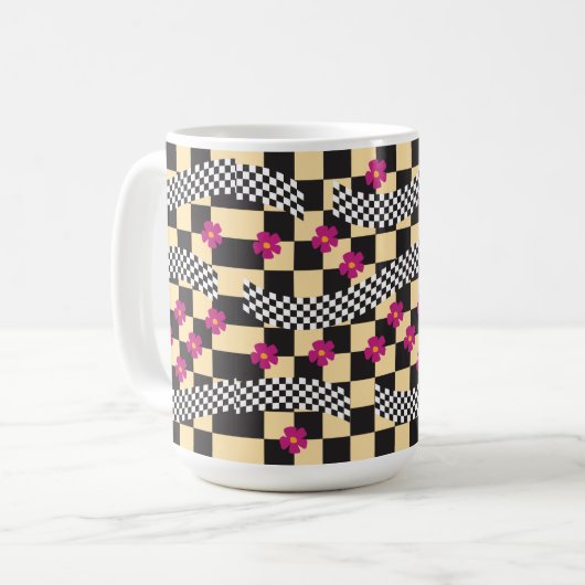 Retro Checkerboard Design met bloemen Koffiemok (Voorkant links)
