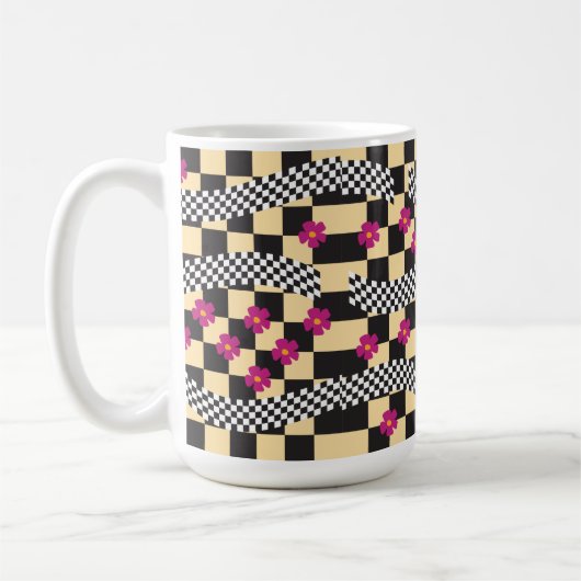 Retro Checkerboard Design met bloemen Koffiemok (Links)