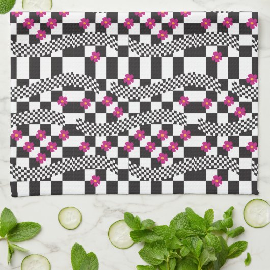 Retro Checkerboard Design met bloemen Theedoek (Gevouwen)