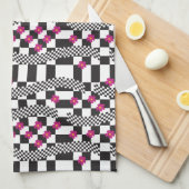 Retro Checkerboard Design met bloemen Theedoek (Quarter Fold)