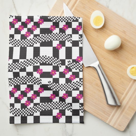 Retro Checkerboard Design met bloemen Theedoek (Quarter Fold)
