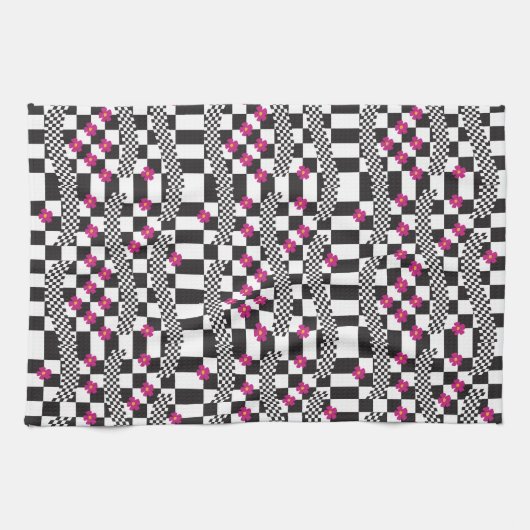Retro Checkerboard Design met bloemen Theedoek (Horizontaal)