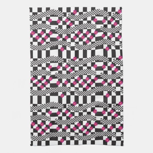 Retro Checkerboard Design met bloemen Theedoek (Verticaal)
