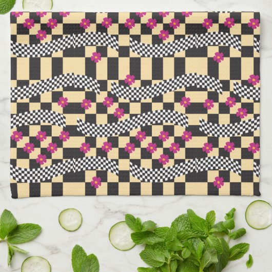 Retro Checkerboard Design met bloemen Theedoek (Gevouwen)