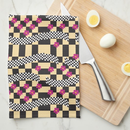 Retro Checkerboard Design met bloemen Theedoek (Quarter Fold)