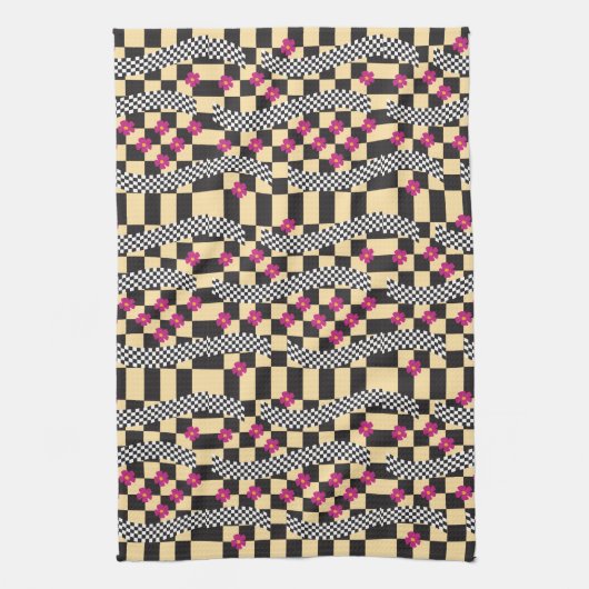 Retro Checkerboard Design met bloemen Theedoek (Verticaal)