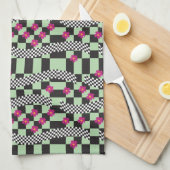 Retro Checkerboard Design met bloemen Theedoek (Quarter Fold)