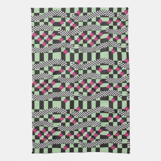 Retro Checkerboard Design met bloemen Theedoek (Verticaal)