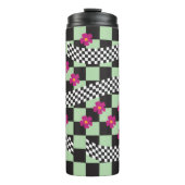 Retro Checkerboard Design met bloemen Thermosbeker (Voorkant)