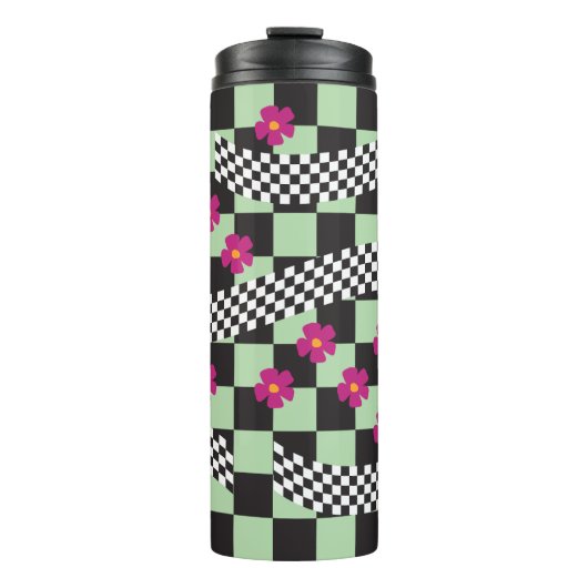 Retro Checkerboard Design met bloemen Thermosbeker (Voorkant)