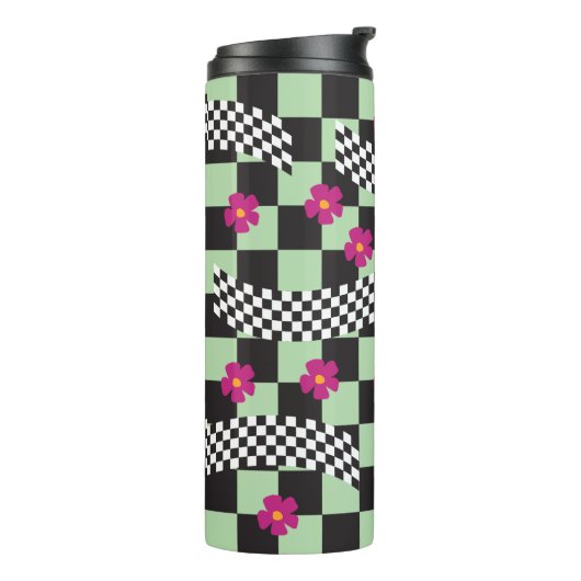 Retro Checkerboard Design met bloemen Thermosbeker (Gedraaid links)