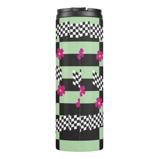 Retro Checkerboard Design met bloemen Thermosbeker (Achterkant)