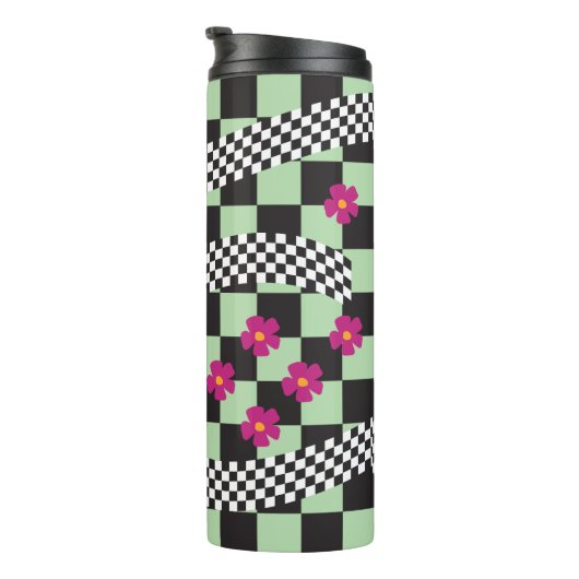 Retro Checkerboard Design met bloemen Thermosbeker (Geroteerd rechts)