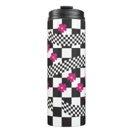 Retro Checkerboard Design met bloemen Thermosbeker