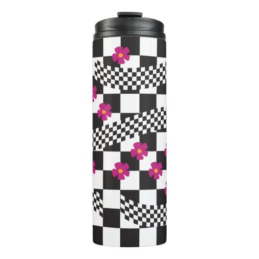 Retro Checkerboard Design met bloemen Thermosbeker (Voorkant)