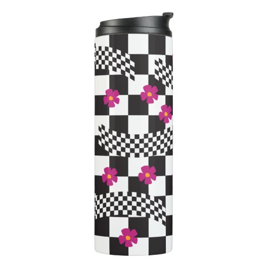 Retro Checkerboard Design met bloemen Thermosbeker (Gedraaid links)
