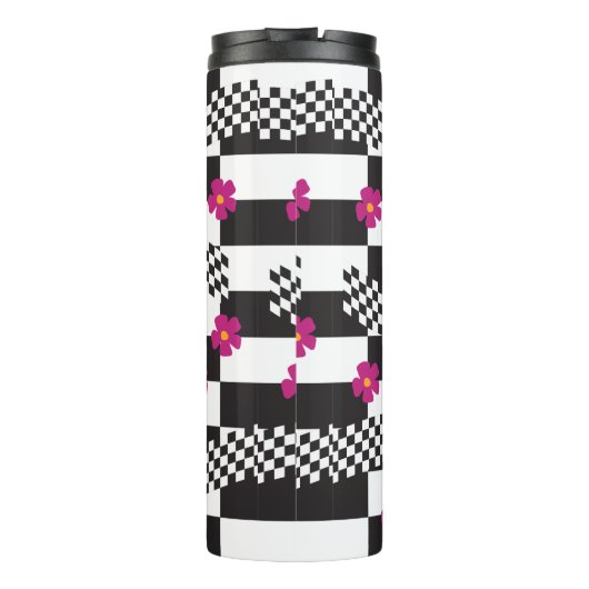 Retro Checkerboard Design met bloemen Thermosbeker (Achterkant)