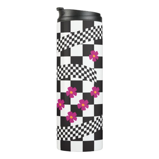 Retro Checkerboard Design met bloemen Thermosbeker (Geroteerd rechts)