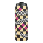 Retro Checkerboard Design met bloemen Thermosbeker (Voorkant)