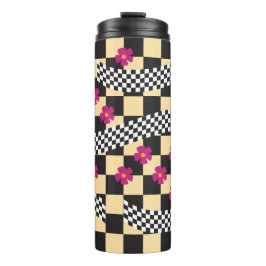 Retro Checkerboard Design met bloemen Thermosbeker