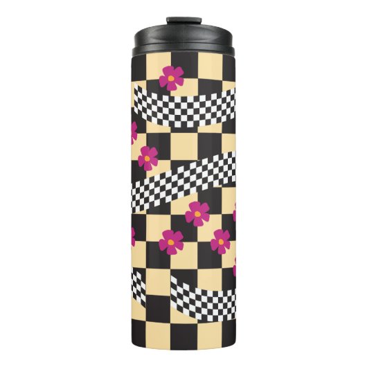 Retro Checkerboard Design met bloemen Thermosbeker (Voorkant)