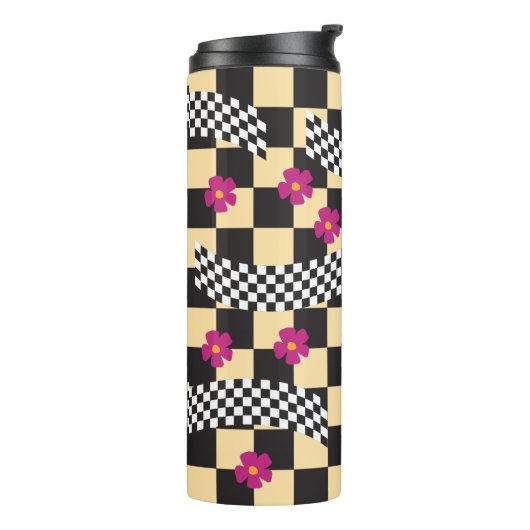 Retro Checkerboard Design met bloemen Thermosbeker (Gedraaid links)