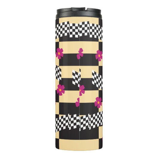 Retro Checkerboard Design met bloemen Thermosbeker (Achterkant)