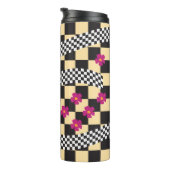 Retro Checkerboard Design met bloemen Thermosbeker (Geroteerd rechts)