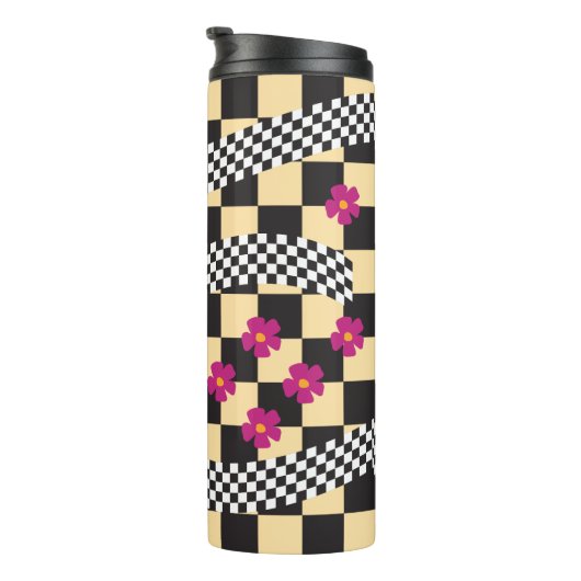 Retro Checkerboard Design met bloemen Thermosbeker (Geroteerd rechts)