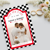 Retro Checkerboard Foto Rood Zwart & Wit Bruiloft Save The Date
