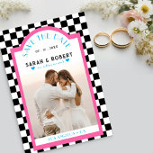 Retro Checkerboard Foto Roze & Blauw Bruiloft Save The Date