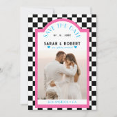Retro Checkerboard Foto Roze & Blauw Bruiloft Save The Date (Voorkant)