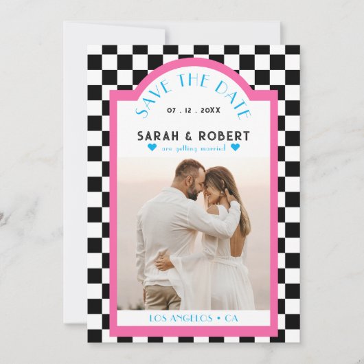 Retro Checkerboard Foto Roze & Blauw Bruiloft Save The Date (Voorkant)