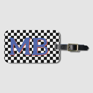 Retro Checkerboard Geruit Patroon Blauw Sinaasappe Bagagelabel