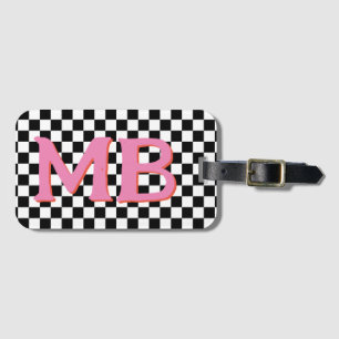 Retro Checkerboard Geruit Patroon Roze Sinaasappel Bagagelabel