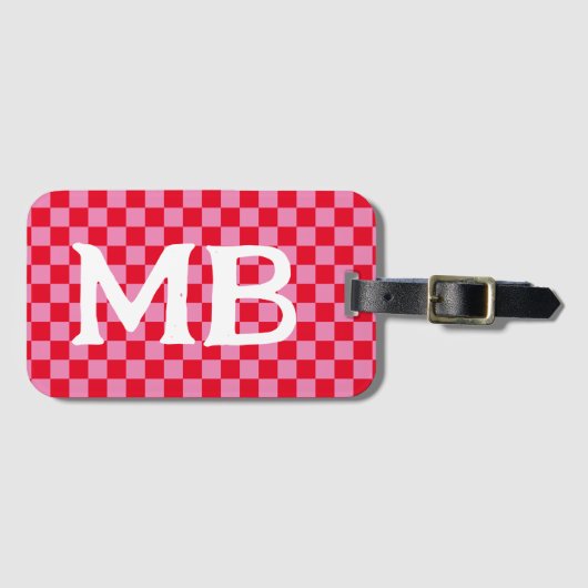 Retro Checkerboard Geruit Patroon Roze Sinaasappel Bagagelabel (Voorkant (horizontaal))