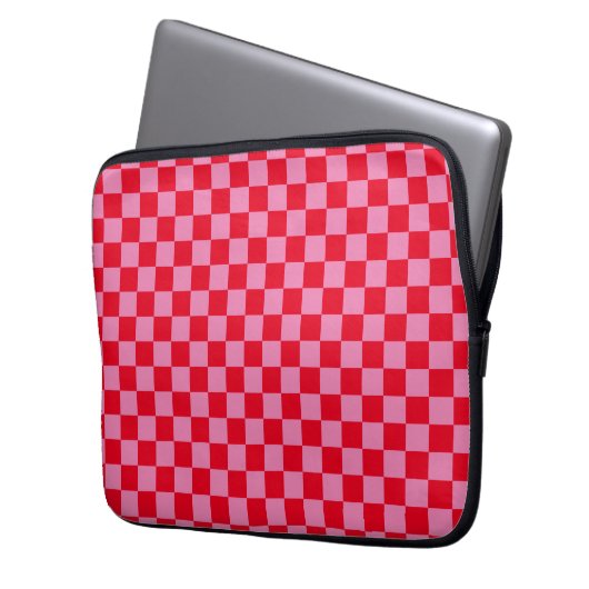 Retro Checkerboard Geruit Patroon Roze Sinaasappel Laptop Sleeve (Voorkant Links)