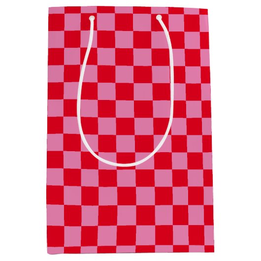 Retro Checkerboard Geruit Patroon Roze Sinaasappel Medium Cadeauzakje (Voorkant)